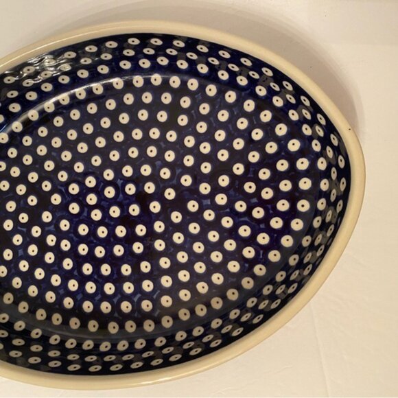 POLISH POTTERY CASSEROLE BAKING DISH WHITE BLUE OVAL HOME KITCHEN HANDMADE - Picture 6 of 12